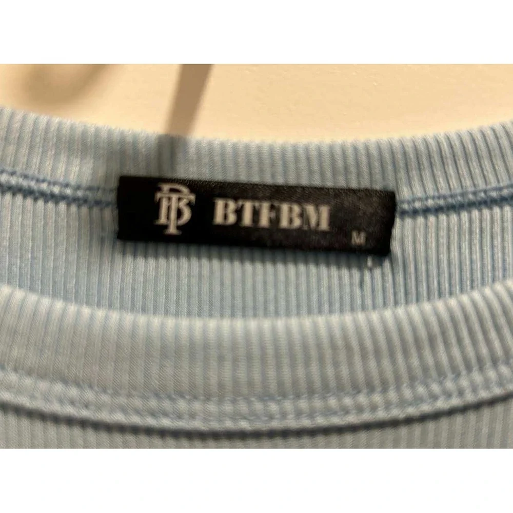 BTFBM Womens Ribbed Bodycon Dress Light Blue Ruched Side Drawstring Sleeveless M - Picture 2 of 7